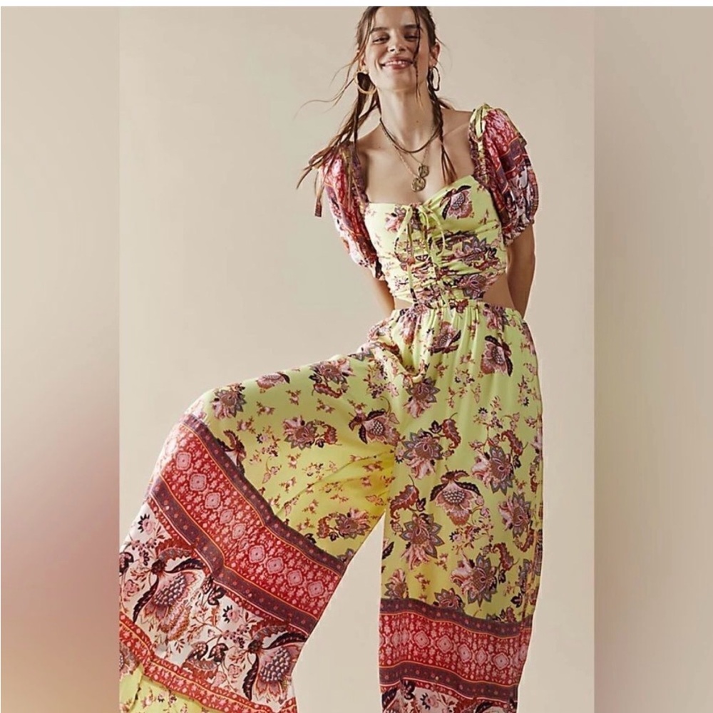 FREE PEOPLE BALI CITRUS SKIES ONE PIECE WIDE LEG JUMPSUIT LIME COMBO